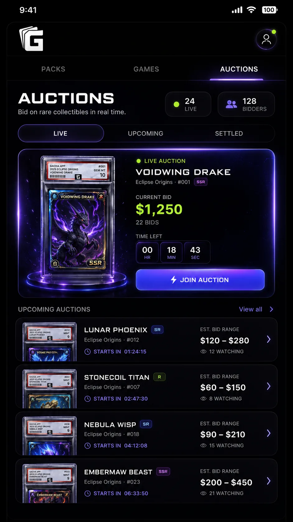 Gacha live auctions in the upcoming iPhone app